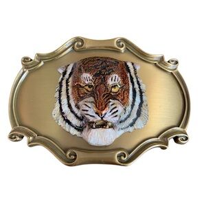 VTG Bengal Tiger Cat Head Brass Belt Buckle Raintree USA 1978 Wildlife Jewelry